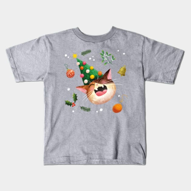 Laughing Christmas Cat Kids T-Shirt by Geeksarecool